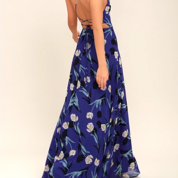 All I Need Royal Blue Floral Print Lace-Up Maxi Dress from Lulus - Picture 3 of 5